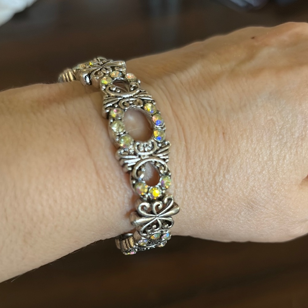 Elegant Silver Stretch Bracelet with Iridescent AB Crystal Accents